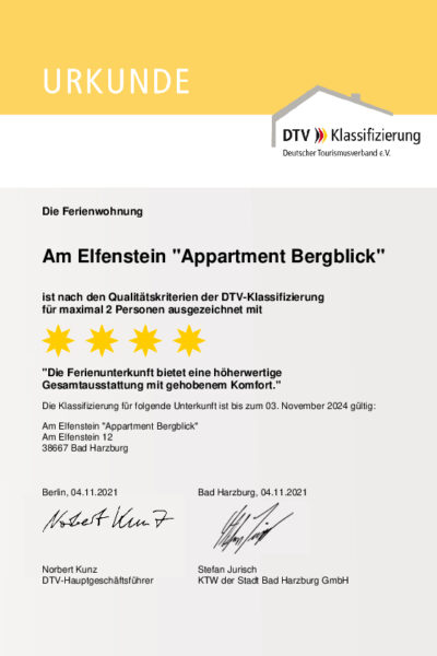 DTV_Urkunde_Ferienwohnung - Am Elfenstein_Appartment Bergblick